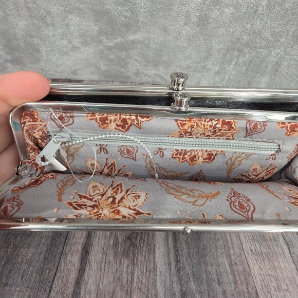 HOBO Lauren Wallet Clutch Embossed Black Leather Floral Lined Kiss Lock Fold New - Picture 7 of 14
